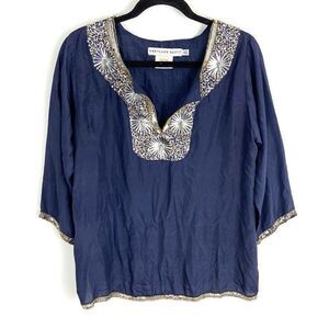 GRETCHEN SCOTT Tunic Top Women’s XS Beaded Sequin Blouse Navy Blue FLAW